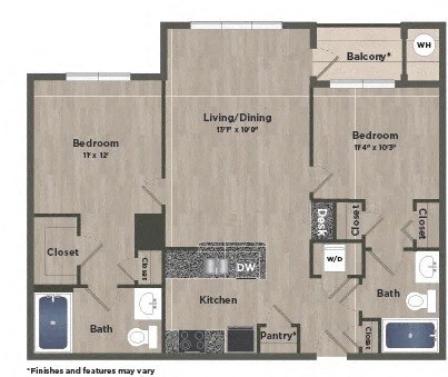 Floor plan for 2 beds, 2 baths, 1043 sqft